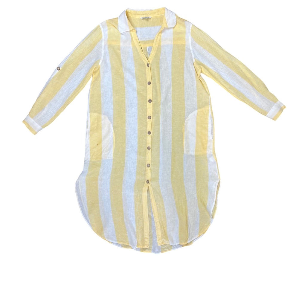 Blue Island Womens Linen Blend Striped Swim Cover‎ Shirt Dress Yellow White Med
